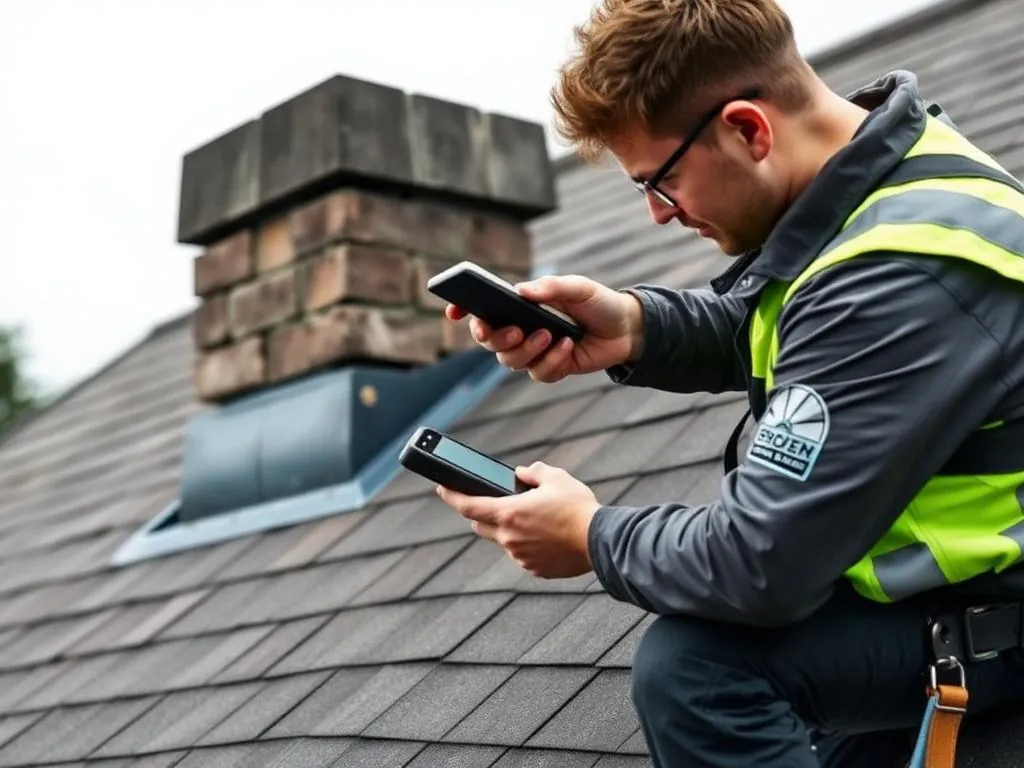 Contractor inspecting a roof surface and flashing details, documenting visible conditions during a leak investigation.